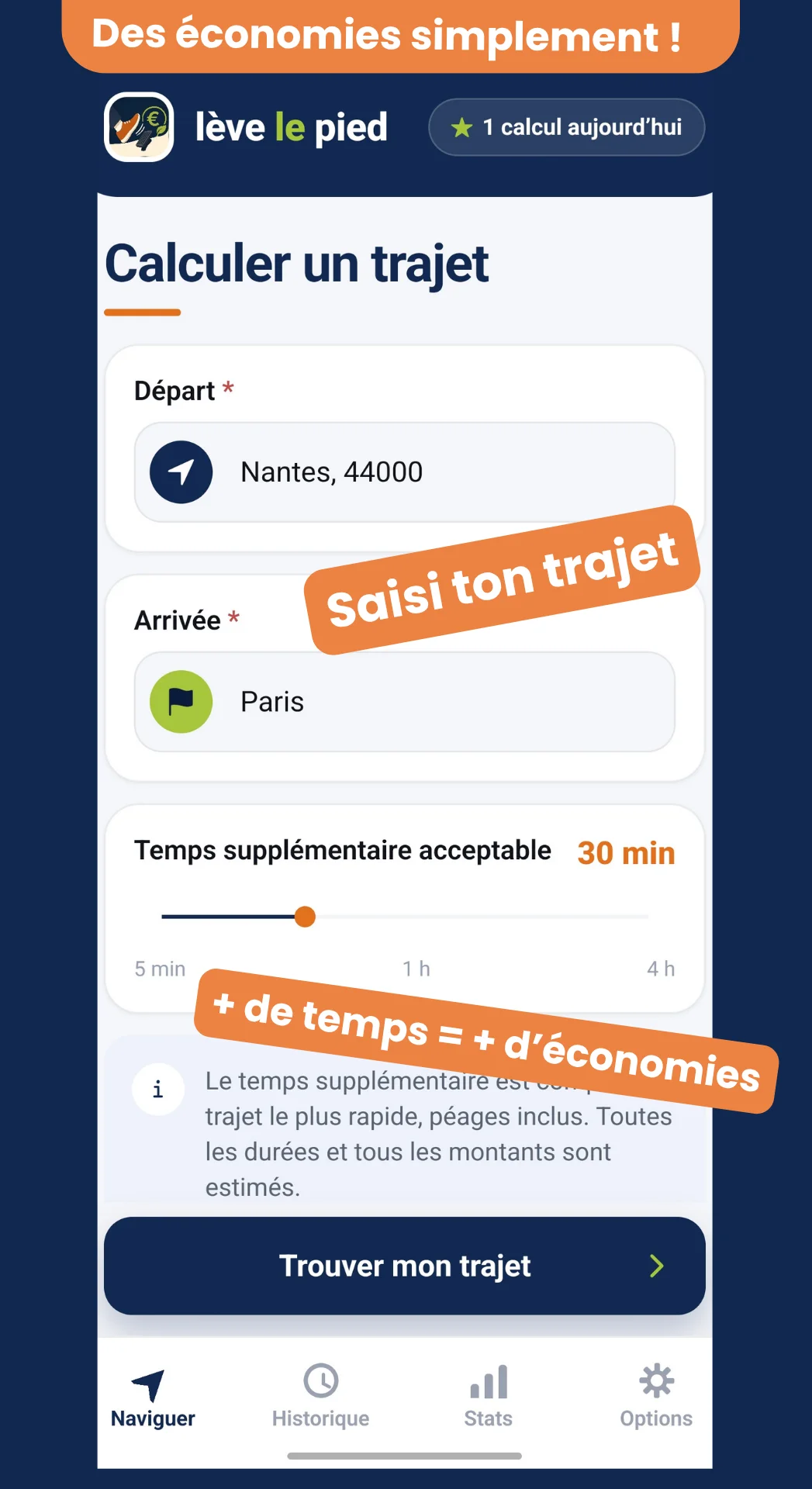 Écran de calcul d'un trajet : villes de départ et d'arrivée, temps supplémentaire accepté et nombre de segments hors autoroute.