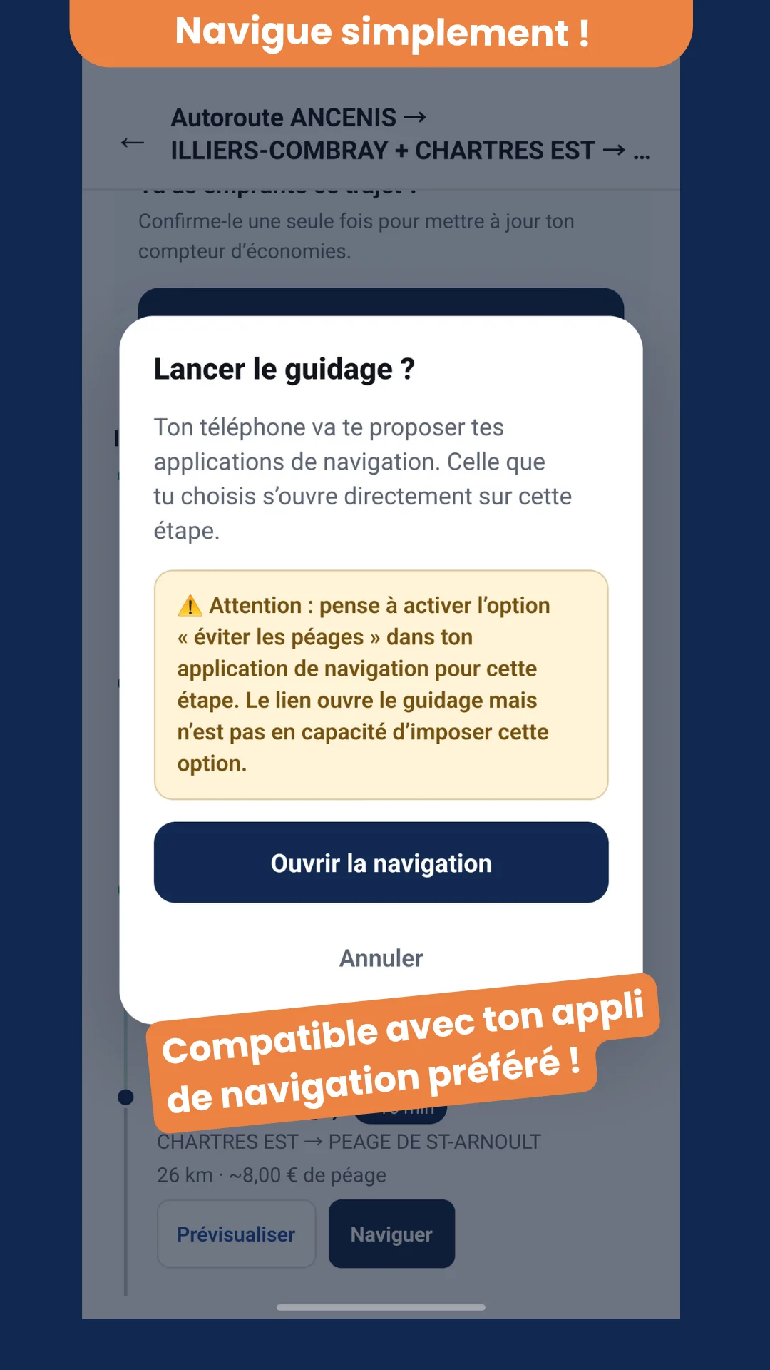 Ouverture d'une étape dans l'application de navigation préférée, Google Maps ou une autre.